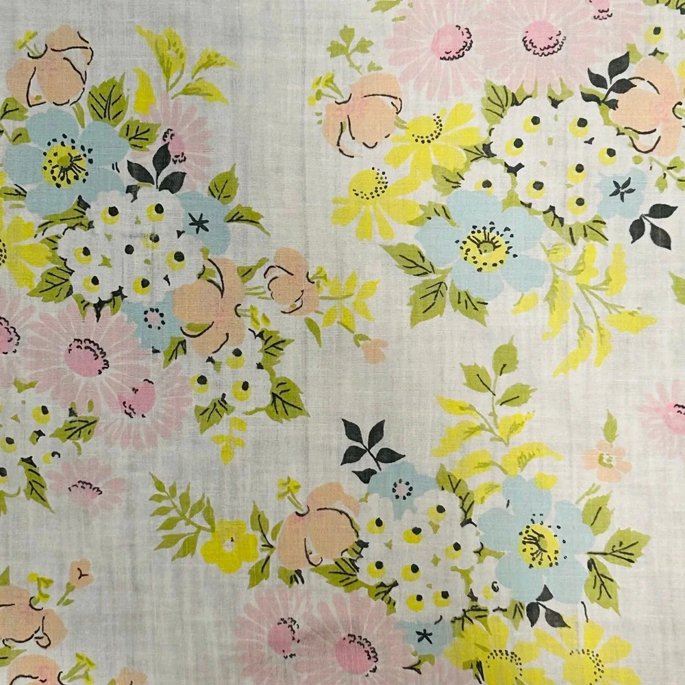 Vintage 70s Floral Fabric Sheet Pastel Daisy Pink Blue Yellow 101x74 Cottagecore